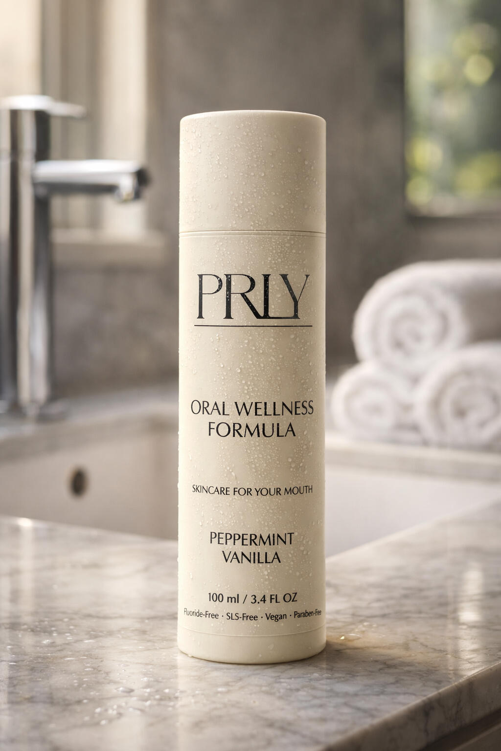 Clean skincare style oral care product on modern countertop